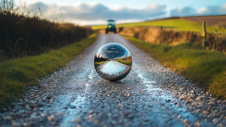 A rural road with a spherical mirror reflecting a tractor driving down the pathの素材