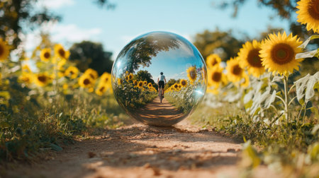 A spherical road mirror in a rural area reflecting a cyclist on a dirt path lined with sunflowersの素材