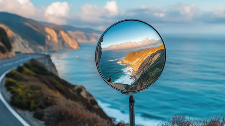 A spherical road mirror at a coastal highway curve, showing the ocean and cliffs in the reflectionの素材