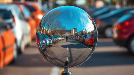 A spherical road mirror in a parking lot, reflecting rows of parked cars and a pedestrian walkingの素材