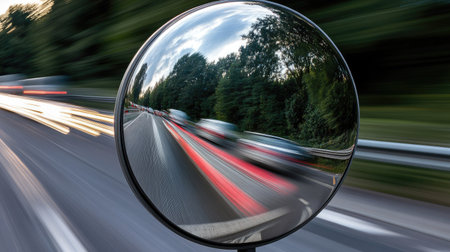 A spherical road mirror at a highway exit ramp, capturing fast-moving vehicles in the reflectionの素材