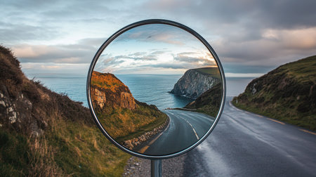 A spherical road mirror at a coastal highway curve, showing the ocean and cliffs in the reflectionの素材