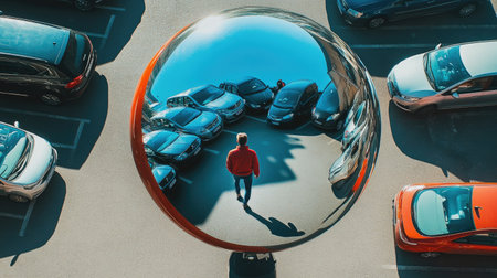 A spherical road mirror in a parking lot, reflecting rows of parked cars and a pedestrian walkingの素材