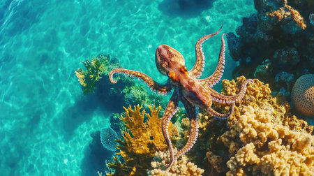 A top-down view of an octopus gliding over a coral garden in turquoise tropical watersの素材