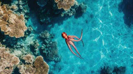 A top-down view of an octopus gliding over a coral garden in turquoise tropical watersの素材