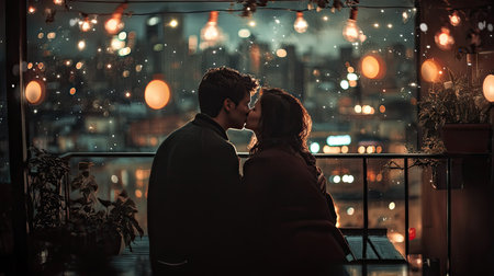 A young man kissing a woman on the forehead while they sit together on a cozy balcony with city lights in the backgroundの素材