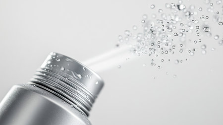 Close-up of an air freshener spray can with droplets of mist captured mid-air, on a clean white backgroundの素材