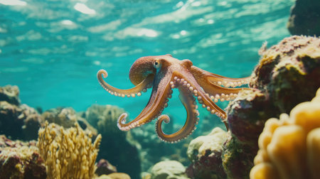 A vibrant octopus gliding gracefully over a coral reef in crystal-clear tropical watersの素材