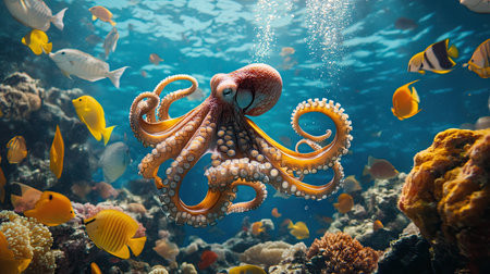 A tropical underwater scene of an octopus swimming gracefully among schools of vibrant reef fishの素材