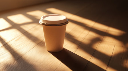 A white paper coffee cup with a lid on a wooden table, sunlight streaming through a window, casting soft shadows.の素材