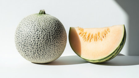 A whole cantaloupe and a watermelon side by side on a white background, showing their contrasting texturesの素材