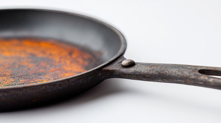 Close-up of a frying pan's handle and riveted joint, sharply focused against a white backgroundの素材