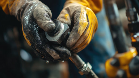 Close-up of a plumber's gloved hands securing a pipe with a wrench, with plumbing fittings in the backgroundの素材