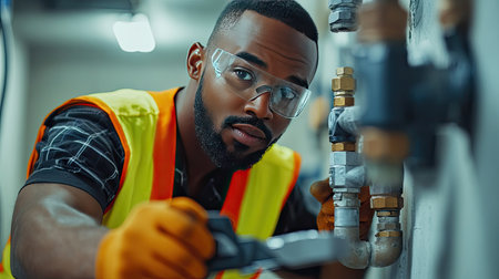 Focused plumber wearing a safety vest, tightening a water pipe with an adjustable wrench, on-site with toolsの素材
