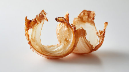Fried onion ring sliced in half, revealing the onion layer inside, isolated on a clean white surfaceの素材
