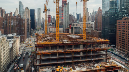 A skyscraper construction site with cranes positioned at the top of a steel frameworkの素材