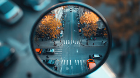 A reflective road mirror capturing an urban street corner with parked cars and pedestriansの素材
