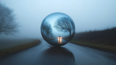 A spherical mirror reflecting a car navigating a sharp turn on a foggy morningの素材
