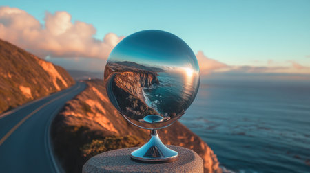 A spherical road mirror at a coastal highway curve, showing the ocean and cliffs in the reflectionの素材