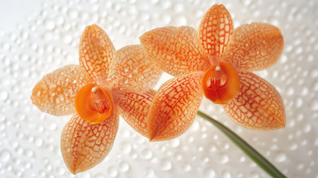 Pair of blooming orange Vanda orchids with intricate details, artistically arranged on whiteの素材