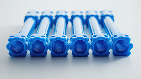Straight blue PVC pipes with connector pieces stacked in a neat row on a clean white surfaceの素材