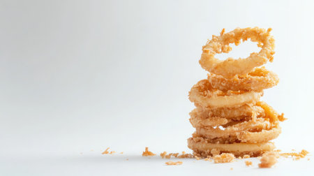 Pile of crunchy onion rings with a few scattered crumbs, displayed against a clean white backgroundの素材