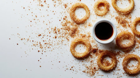 Scattered onion rings with crumbs and a single dipping sauce cup nearby, isolated on whiteの素材