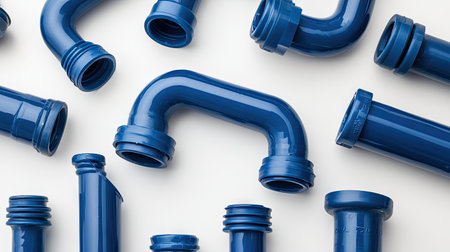 Set of blue PVC pipe connections in various shapes, neatly arranged on a white surface for plumbing useの素材