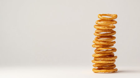 Side view of onion rings arranged in a tower, showcasing their crisp texture, isolated on whiteの素材