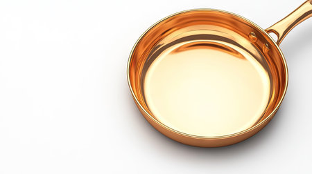 Shiny copper frying pan with a smooth surface, isolated on white and angled slightly for depthの素材