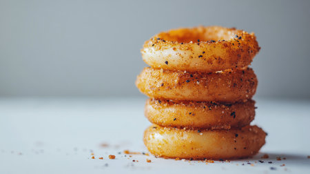 Stack of onion rings topped with visible seasoning flakes, centered on a plain white backgroundの素材