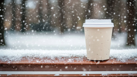 White paper coffee cup with a lid on a park bench during a light snowfall, winter scene.の素材