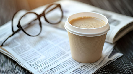 White paper coffee cup with a lid on a caf table, with a newspaper and reading glasses beside it.の素材