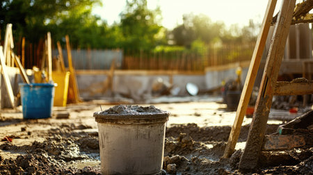 An outdoor construction site with a container of wet cement, a bucket of water, and tools ready for useの素材