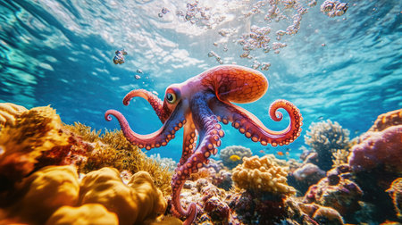 A baby octopus swimming above a coral reef, surrounded by bubbles in crystal-clear waterの素材