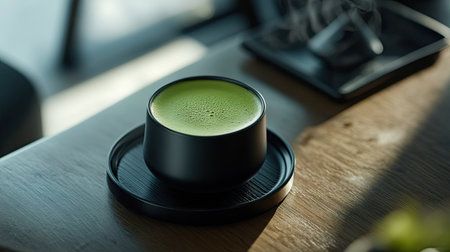 A beautifully frothed matcha latte in a modern black cup, served on a sleek wooden table for a relaxing momentの素材