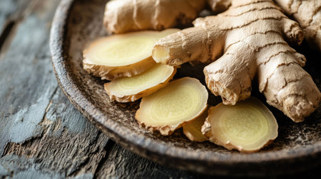 A close-up of fresh ginger slices on a textured ceramic plate with a rustic feelの素材