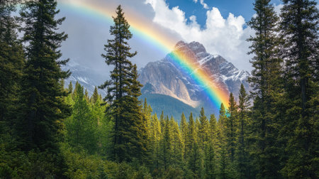 A bold rainbow framed by tall evergreen trees and snow-dusted mountain topsの素材