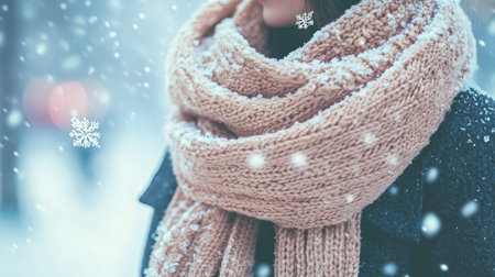A chunky knit scarf styled on a coat, with snowflakes gently falling in the backgroundの素材
