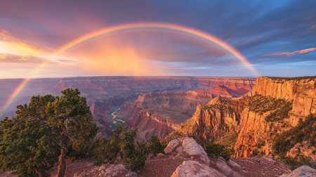 A breathtaking rainbow appears above a vast mountain panorama at dawnの素材
