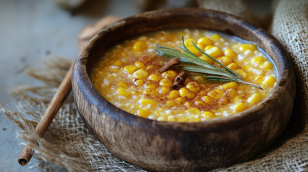 A comforting serving of milk corn porridge with a dash of cinnamon and honey drizzle, served in a rustic bowlの素材