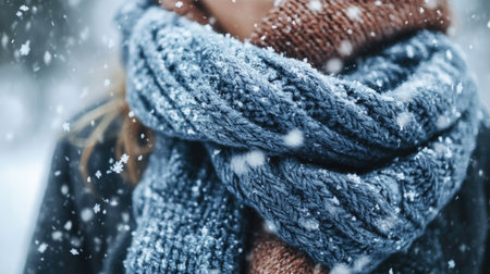 A chunky knit scarf styled on a coat, with snowflakes gently falling in the backgroundの素材