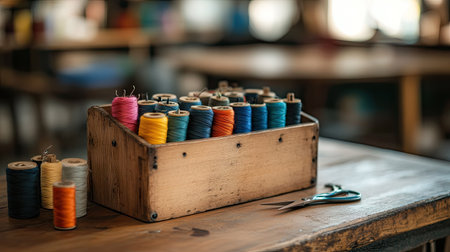 A creative setup with spools of threads in a wooden organizer and scissors lying next to itの素材