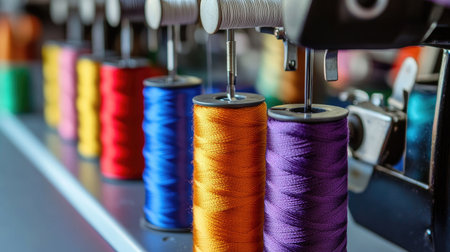 A close-up of threads in rainbow colors on spools, with a sewing machine in the backgroundの素材