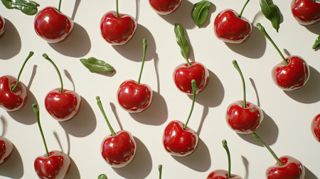 A close-up view of a group of cherries with smooth surfaces and green stems, neatly arranged on a white backgroundの素材