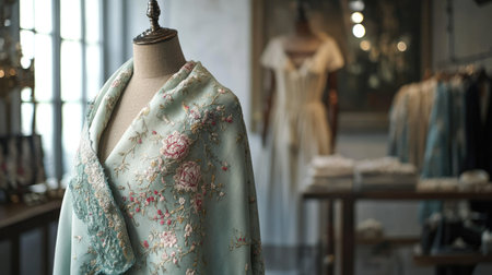 A delicate shawl with floral embroidery styled on a mannequin in a high-fashion settingの素材