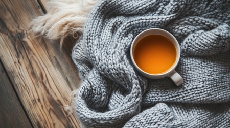 A cozy scarf laid out on a cabin bed next to a wool sweater and a cup of hot ciderの素材