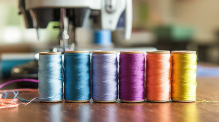 A close-up of threads in rainbow colors on spools, with a sewing machine in the backgroundの素材
