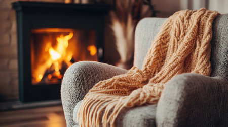 A cozy scarf draped over a comfy armchair next to a warm fireplaceの素材