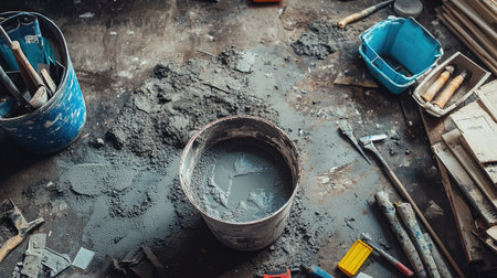 A builder's workspace with a bucket of cement and water, tools scattered around for a renovation projectの素材